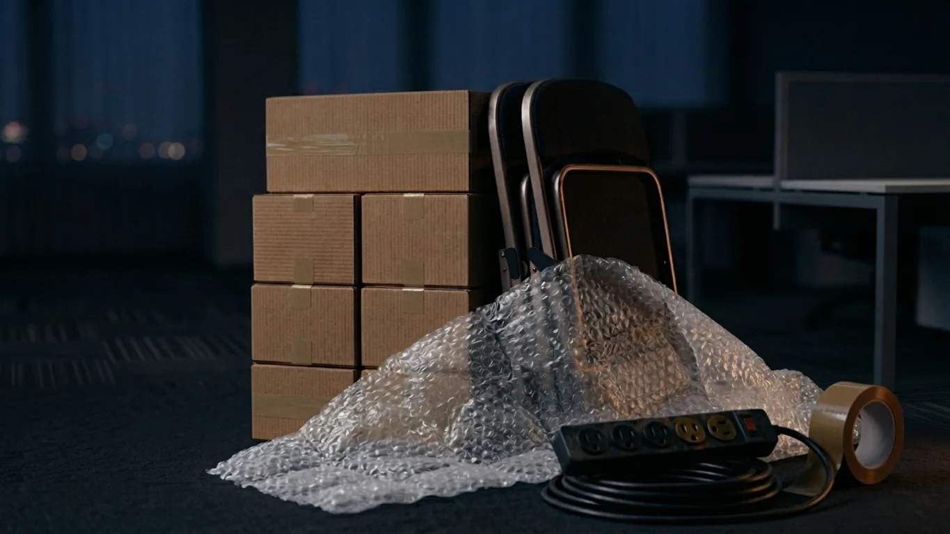 An office after hours with packed cartons, folded chairs, bubble wrap and a coiled power bar