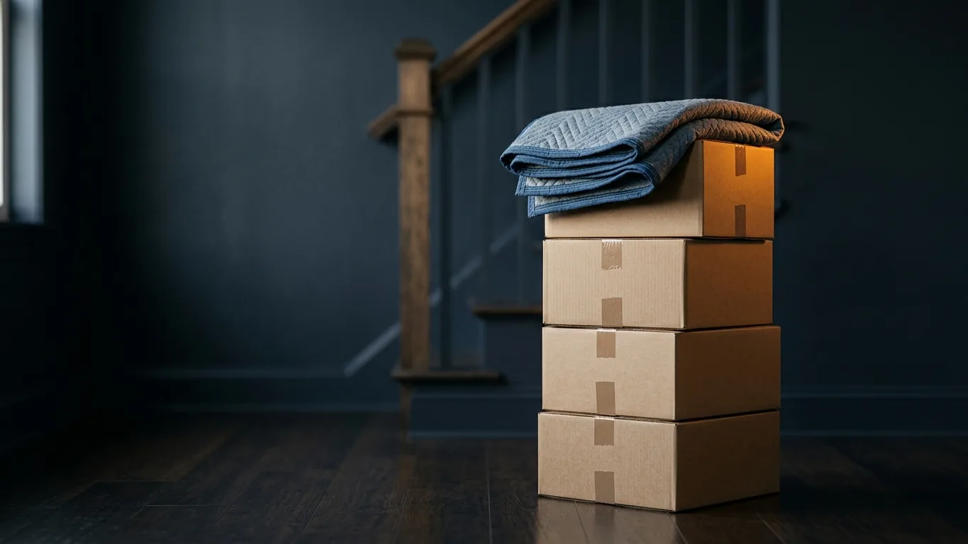 A stack of sealed moving cartons with a folded moving blanket, beside a staircase