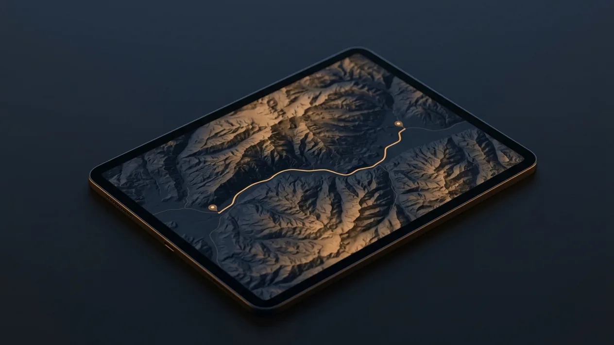 A tablet showing a highlighted highway route traced across mountain terrain