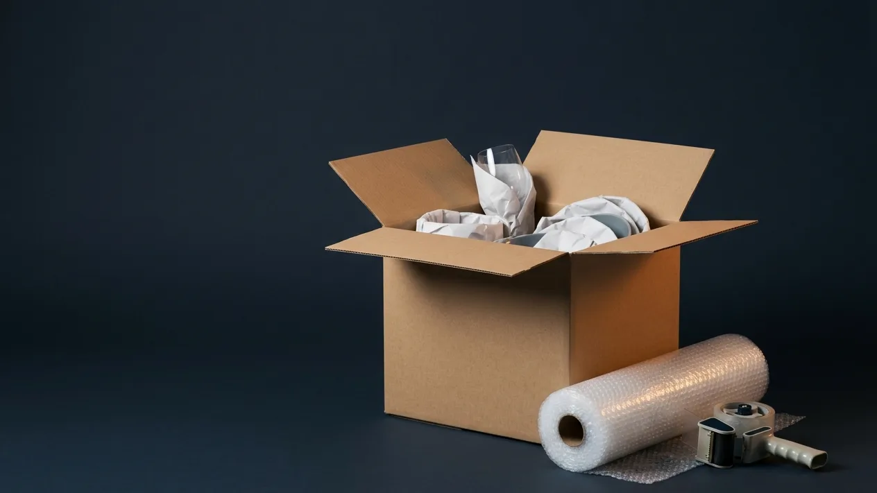 An open carton of paper-wrapped glassware beside a roll of bubble wrap and a tape gun