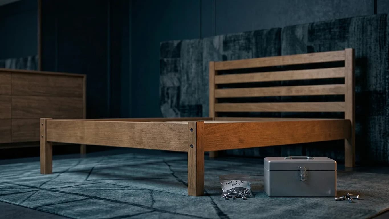 A disassembled bed frame laid out in order with its fittings collected in a bag and a parts tin