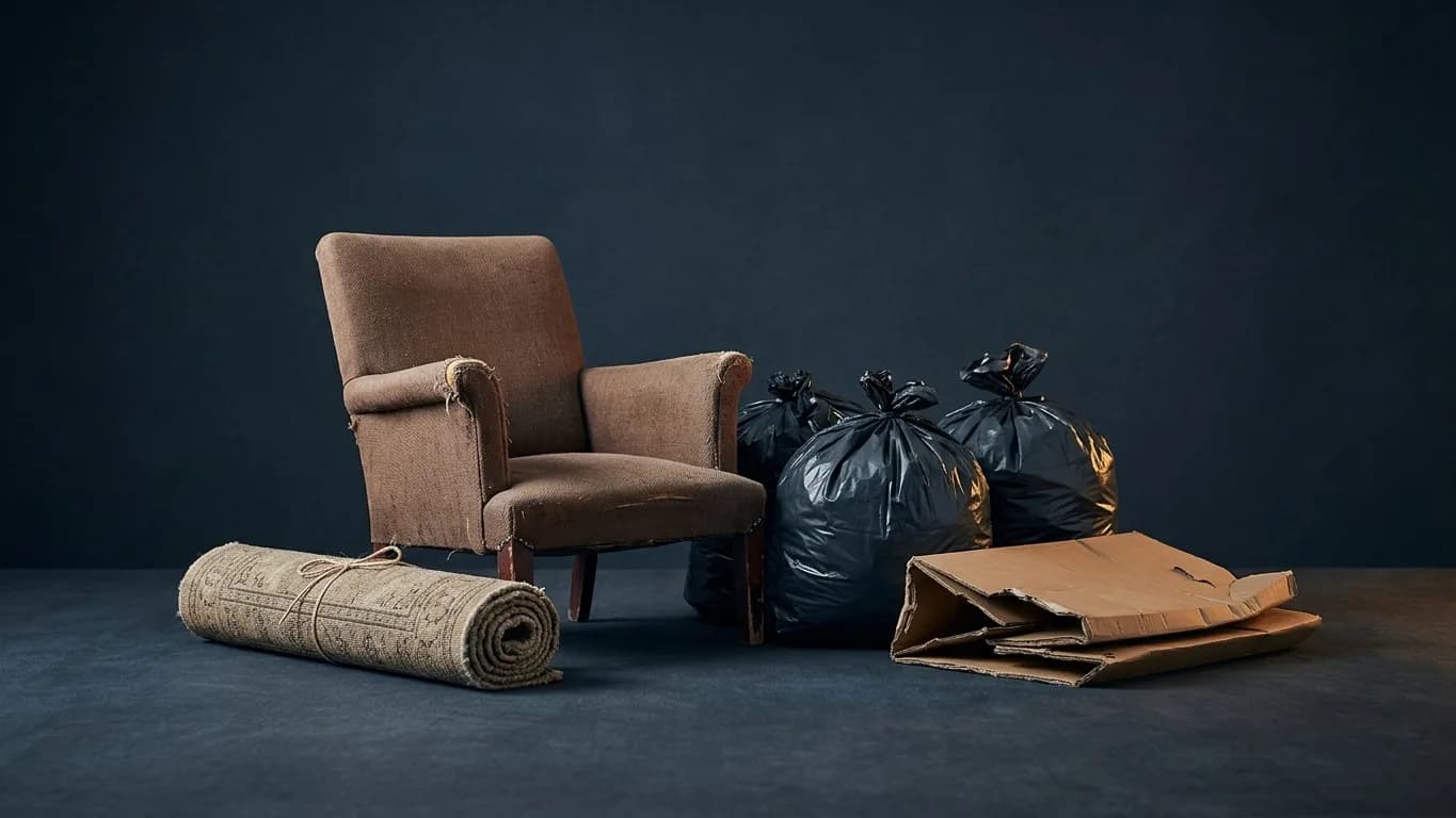 A worn armchair, a rolled-up rug, bagged waste and flattened cardboard ready to be hauled away