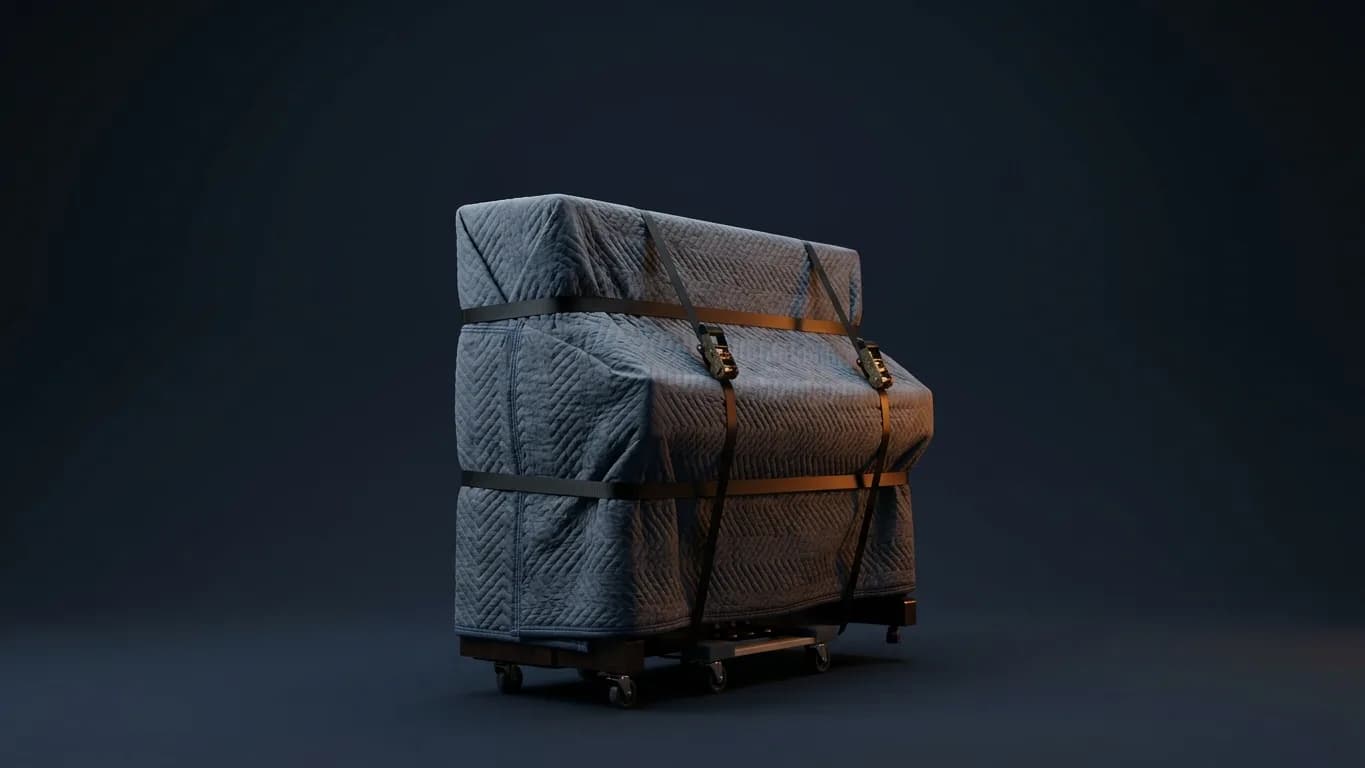 An upright piano fully wrapped in quilted moving blankets and strapped onto a wheeled dolly