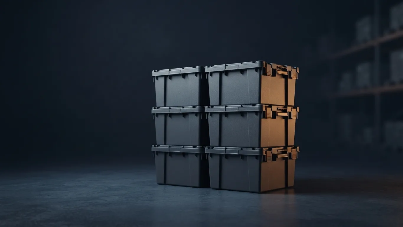 Stacked heavy-duty plastic storage totes with latched lids on a storage facility floor