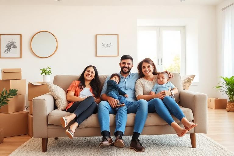 Happy family relaxing in their new home after moving